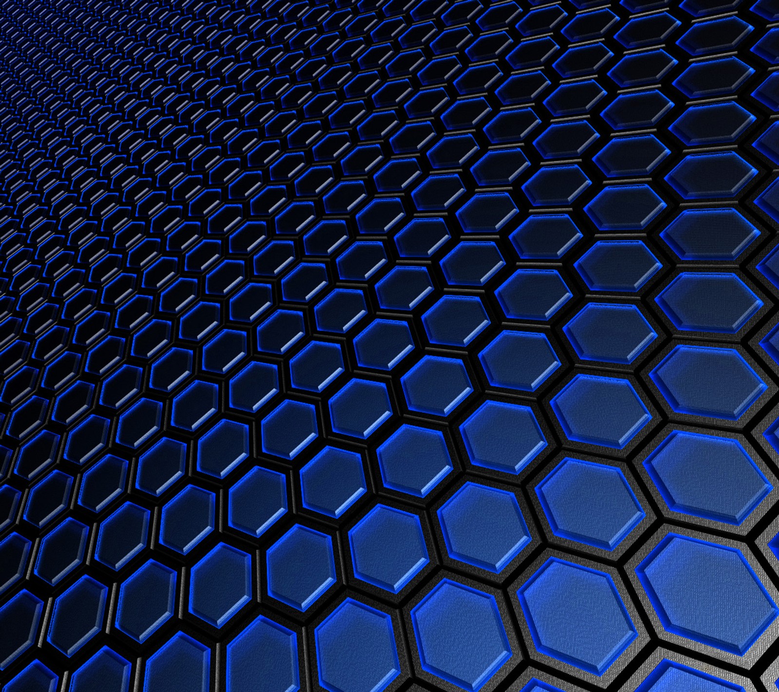 A close up of a blue hexagon pattern with a black background (abstract, blue, nice)