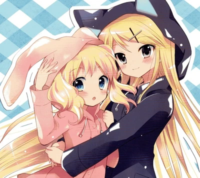 Blond Anime Girls in Cute Outfits Embracing Each Other