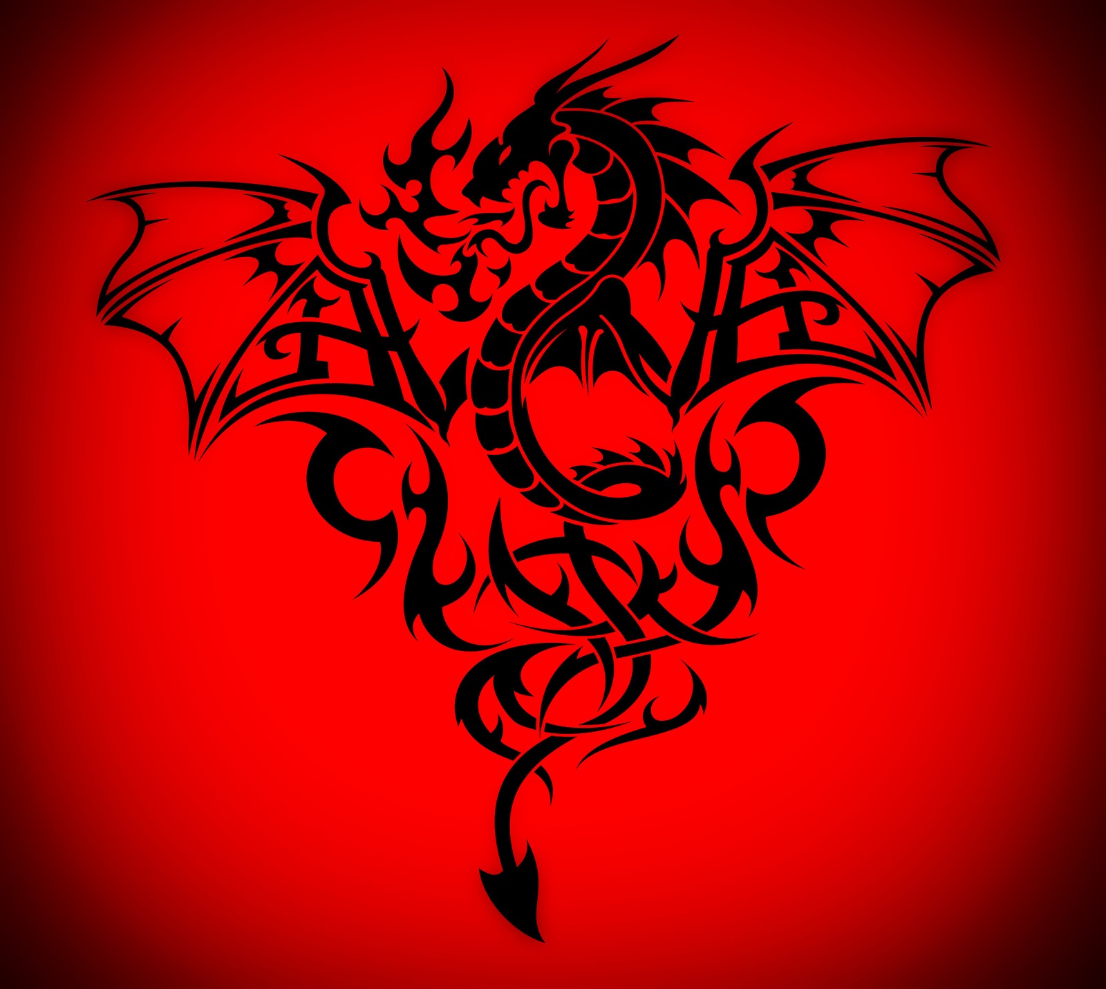 Diseño de tatuaje de un dragón negro y rojo sobre un fondo rojo (abstracto, arte, oscuro, dragón, rojo)