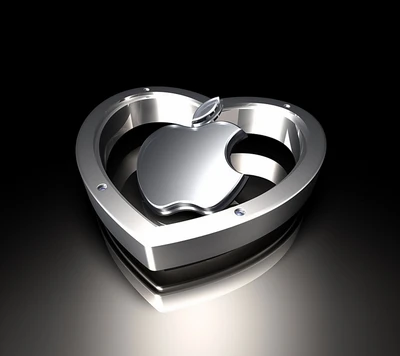 Corazón metálico elegante que encierra el icónico logo de Apple.