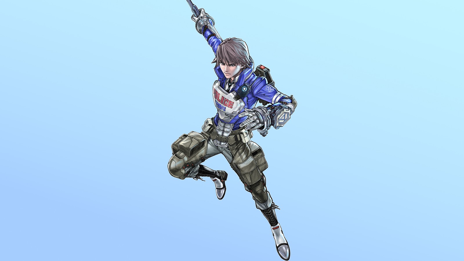 Personagem de anime pulando no ar com uma espada na mão (astral chain, jogo de vídeo, akira howard)