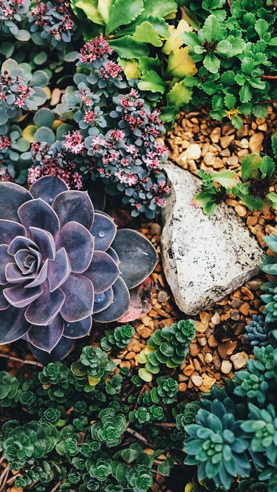 Succulent Garden with Colorful Flowers and Natural Stone