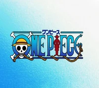 Logo of "One Piece," featuring a skull with a straw hat and crossed bones, set against a blue gradient background.