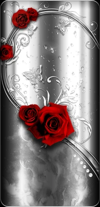 Elegant Silver Design with Red Roses and Butterflies