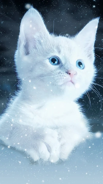 Chat blanc enchanteur avec des yeux bleus dans une chute de neige magique