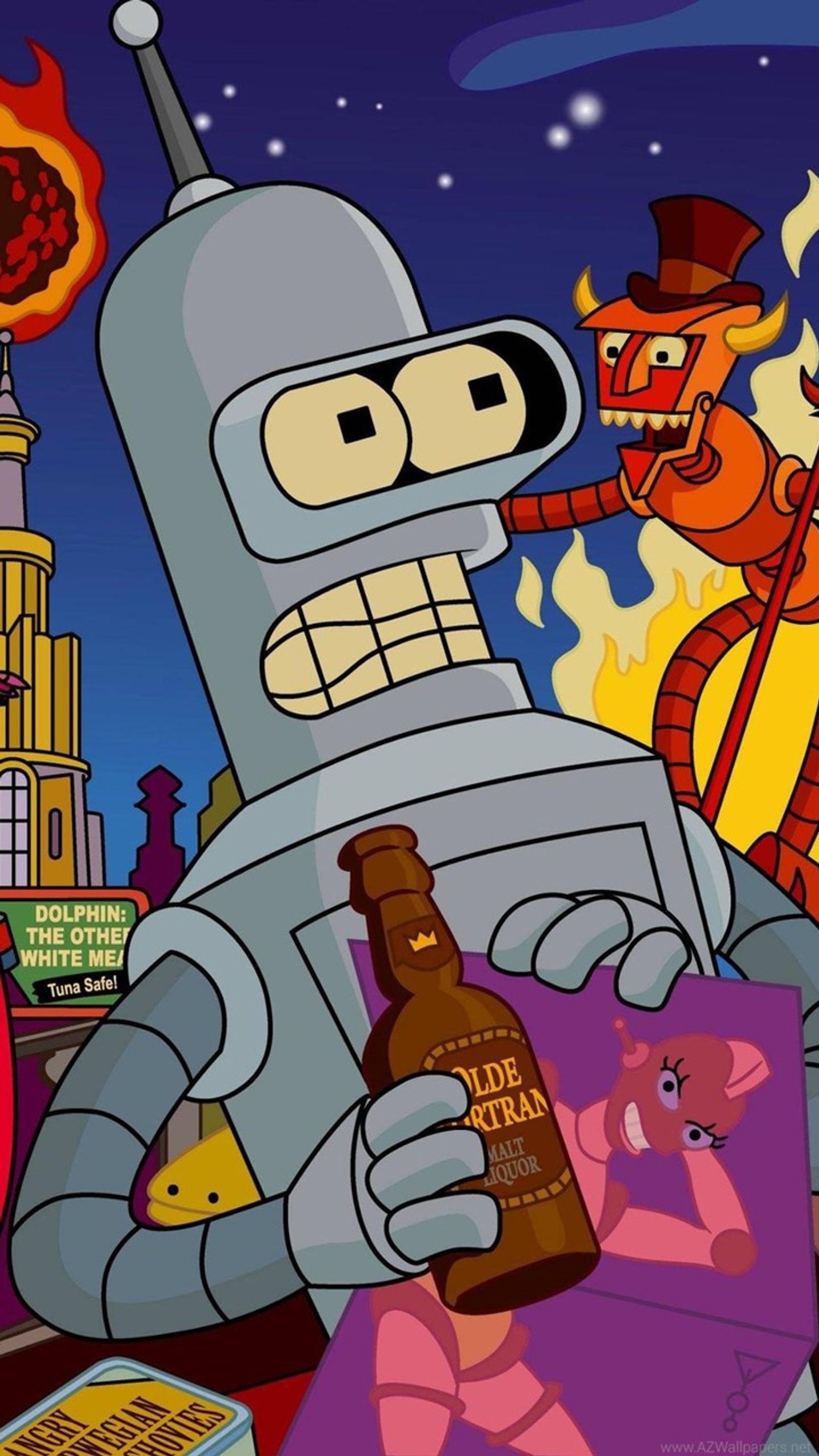 Cartoon characters of the simpsons family with beer and pizza (bebendo, bender, futurama, robo, wallpaper)