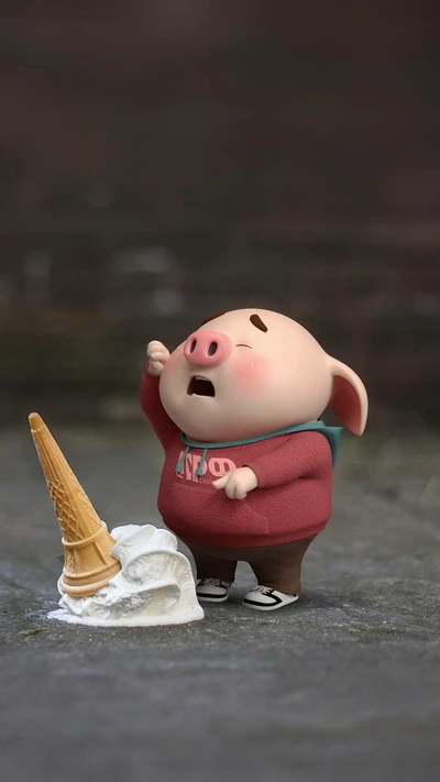 Un personaje de cerdo de dibujos animados con una sudadera, expresando decepción mientras está al lado de un cono de helado volcado.