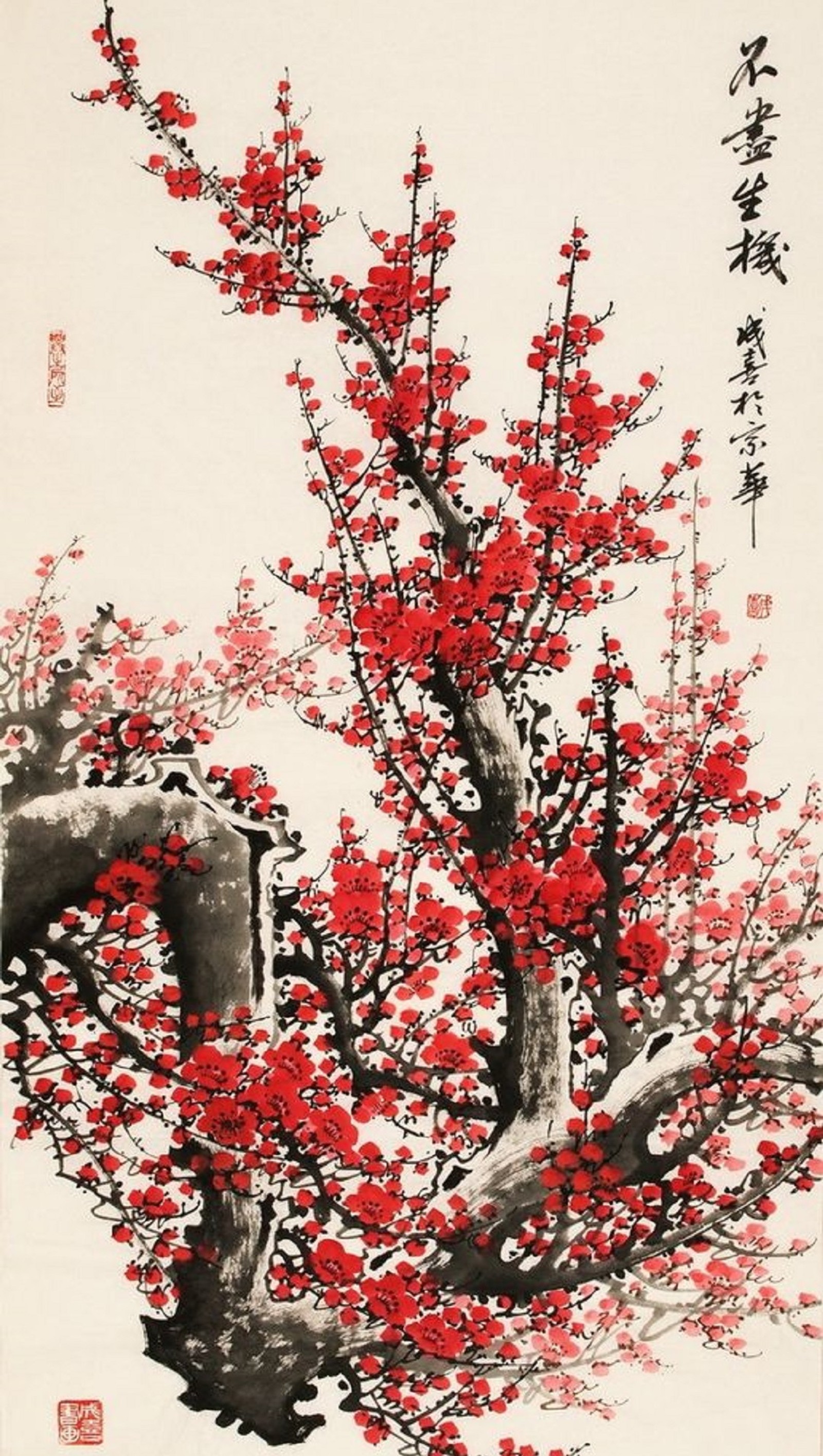 A painting of a tree with red flowers in a white sky (flower, painting)