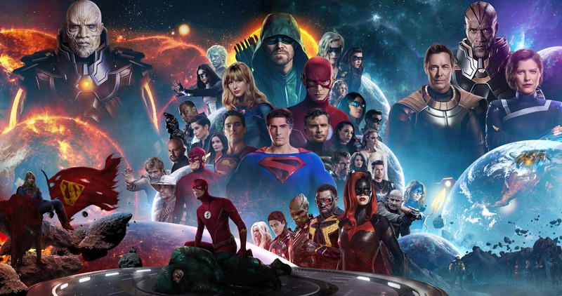 Мстители все вместе с большой группой людей (crisis on infinite earths, сериал, кроссовер, супердевушка, supergirl)