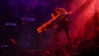 Jhin in a neon-lit, dystopian setting, wielding a glowing orange weapon amidst a backdrop of shattered glass and shadows.