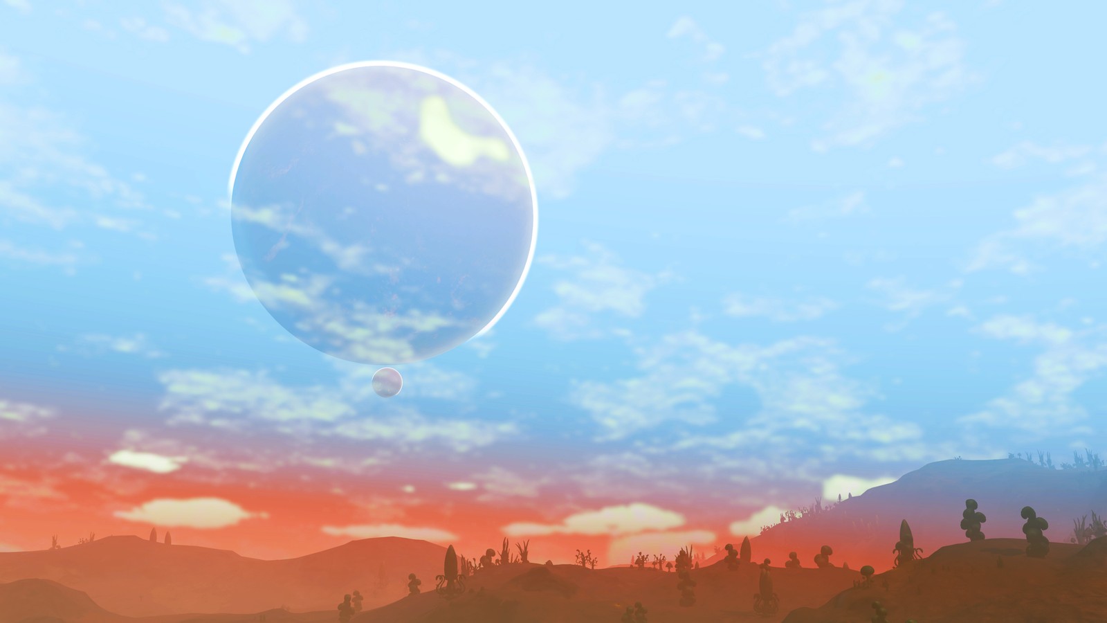 Une vue d'une planète avec un ciel rouge et quelques nuages (no mans sky, nature, journée, nuage, atmosphère)