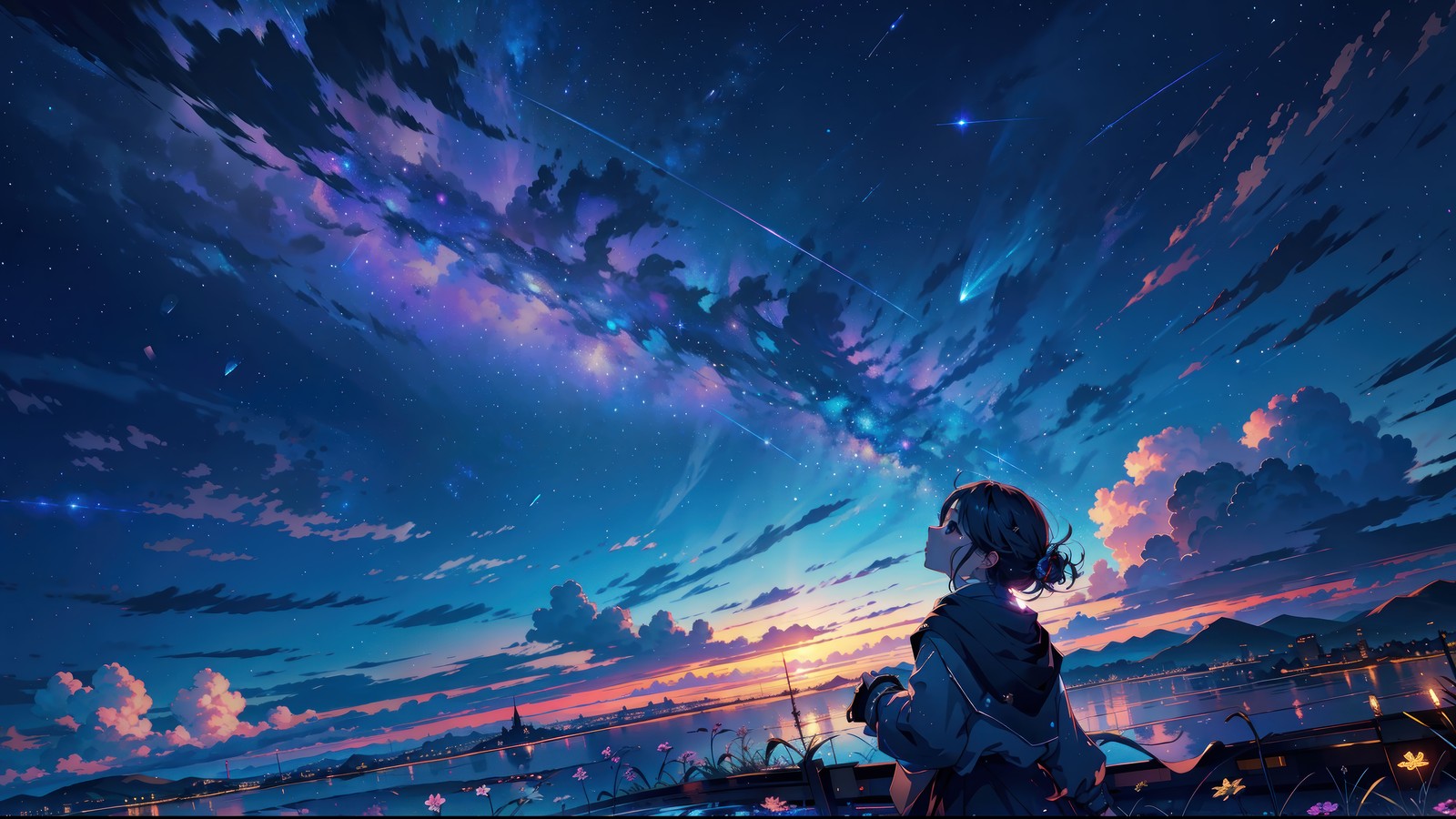 A girl looking at the sky with stars in the sky (girl, sky, sunset)