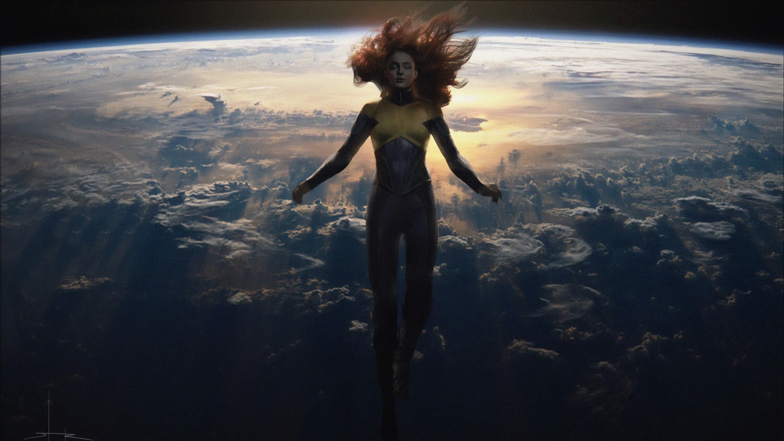 Uma mulher flutuando no ar acima da terra (jean grey, x men, quadrinhos)