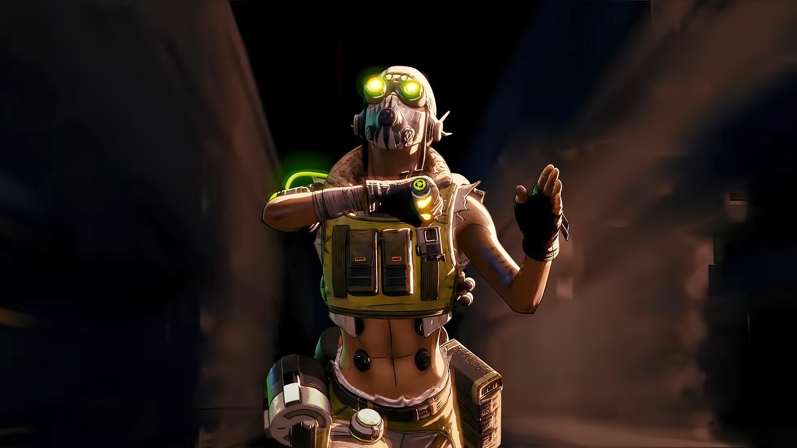 Un primer plano de una persona con un disfraz y unas gafas (octano, correr, apex legends, videojuego, legado de la temporada 9)