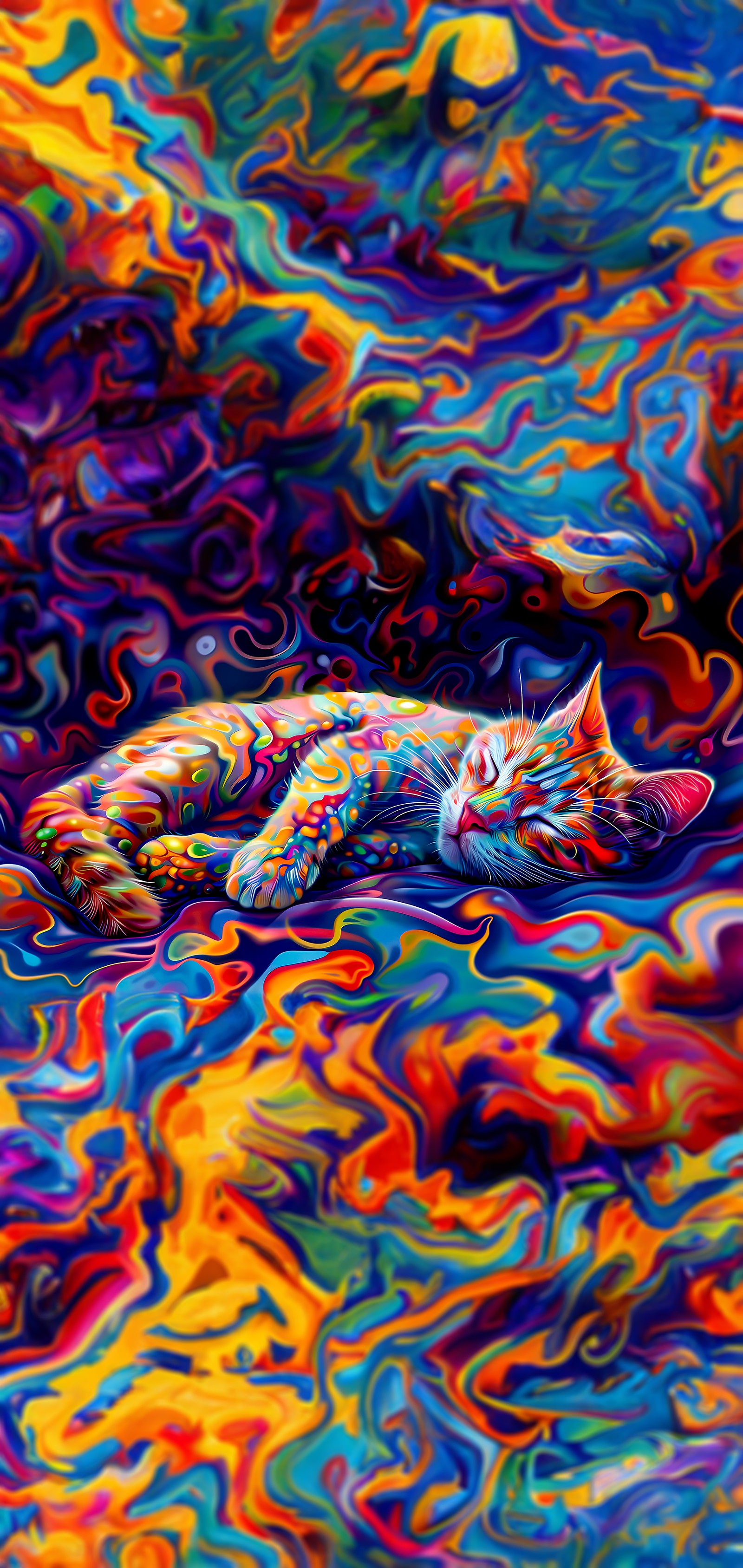 Painting of a cat laying on a colorful surface with a colorful background (cat, felidae, art paint, painting, visual arts)