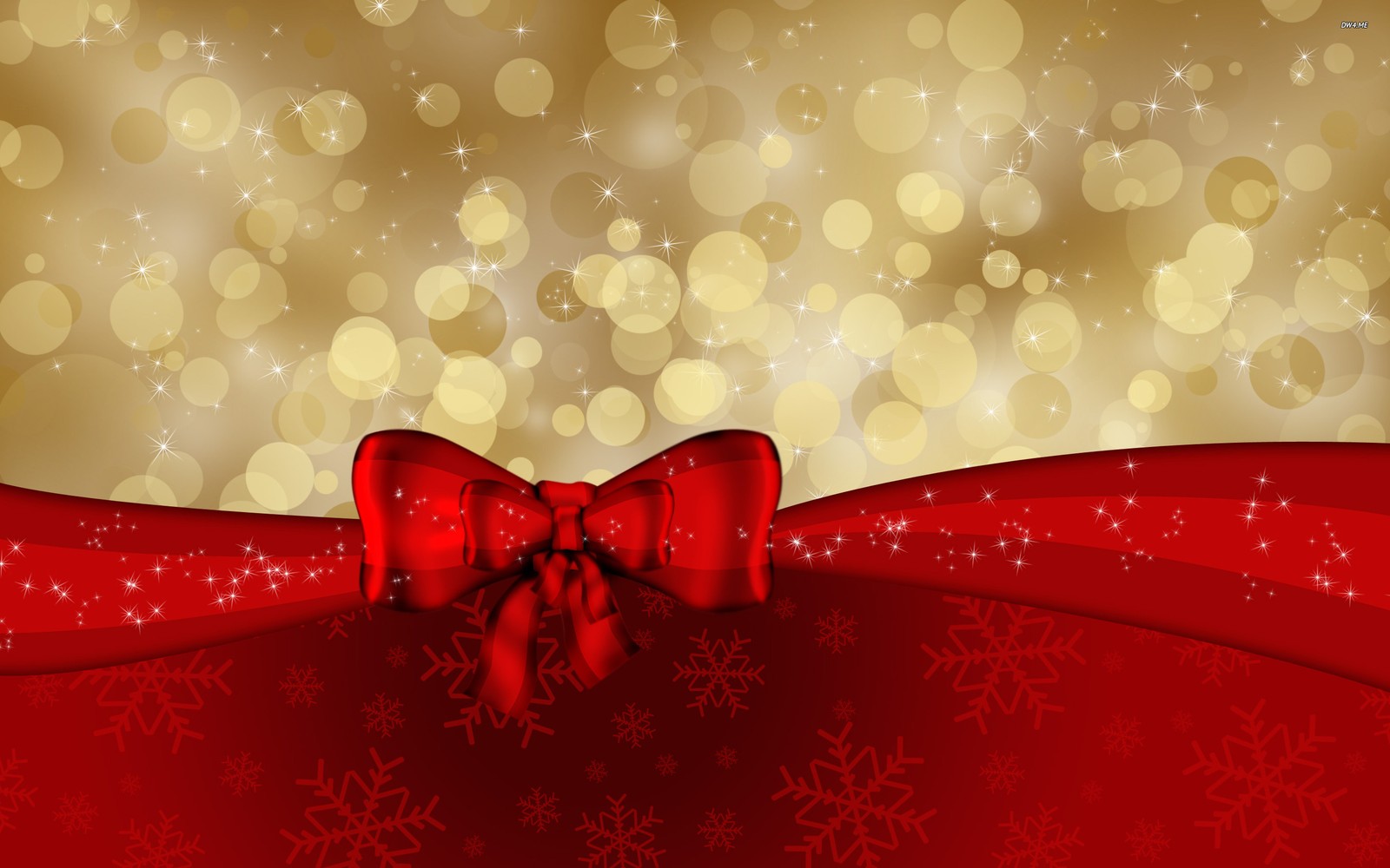 A red bow with a red ribbon on a gold background (christmas day, holiday, red, ribbon, christmas gift)