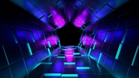 Tunnel 3D abstrait avec des formes géométriques dans un éclairage violet et bleu foncé