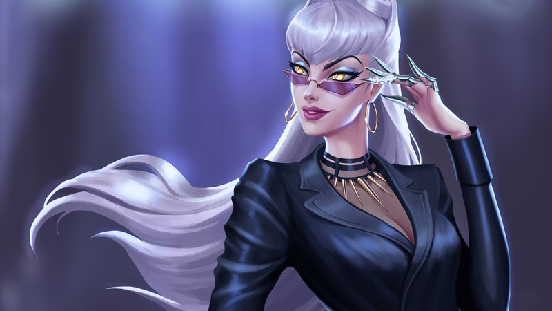 Крупный план женщины в черном костюме с парой ножниц (kda, evelynn, lol, league of legends, видеоигра)