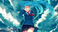 Chica escolar de anime vibrante con gafas y cabello fluido contra un cielo dramático