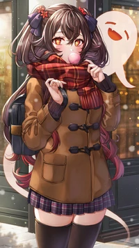 Chica de anime con cabello largo en un abrigo elegante y bufanda, soplando un chicle, con un fondo invernal.