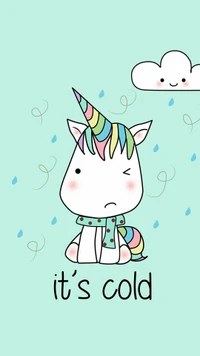 Kawaii-Einhorn fühlt sich kalt mit verspielten Wolken