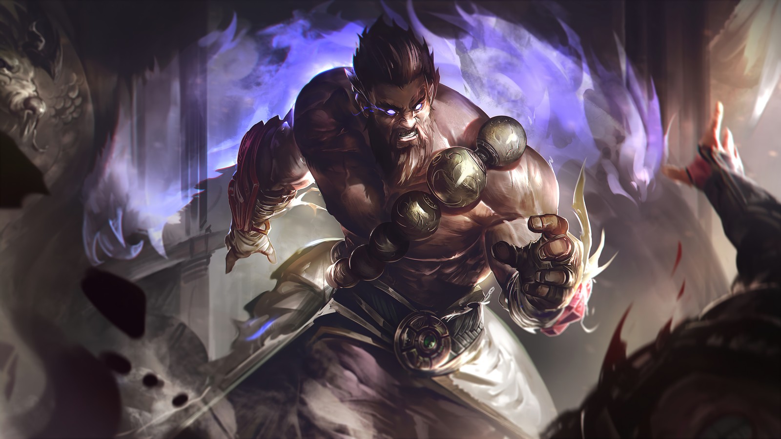 A close up of a man with a sword in a cave (udyr, league of legends, video game, art)