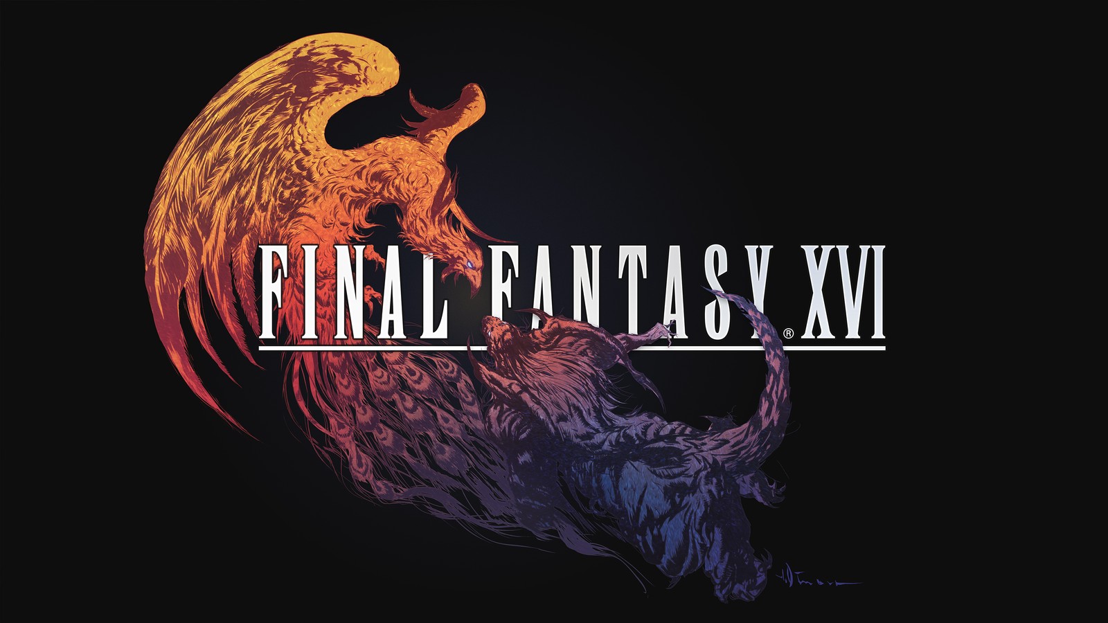 Final fantasy xiv-logo mit einem dämon im hintergrund (final fantasy xvi, videospiel, logo)