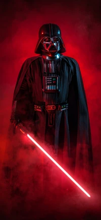 Darth Vader em um cenário dramático iluminado em vermelho, empunhando um sabre de luz vermelho brilhante em meio a fumaça giratória.