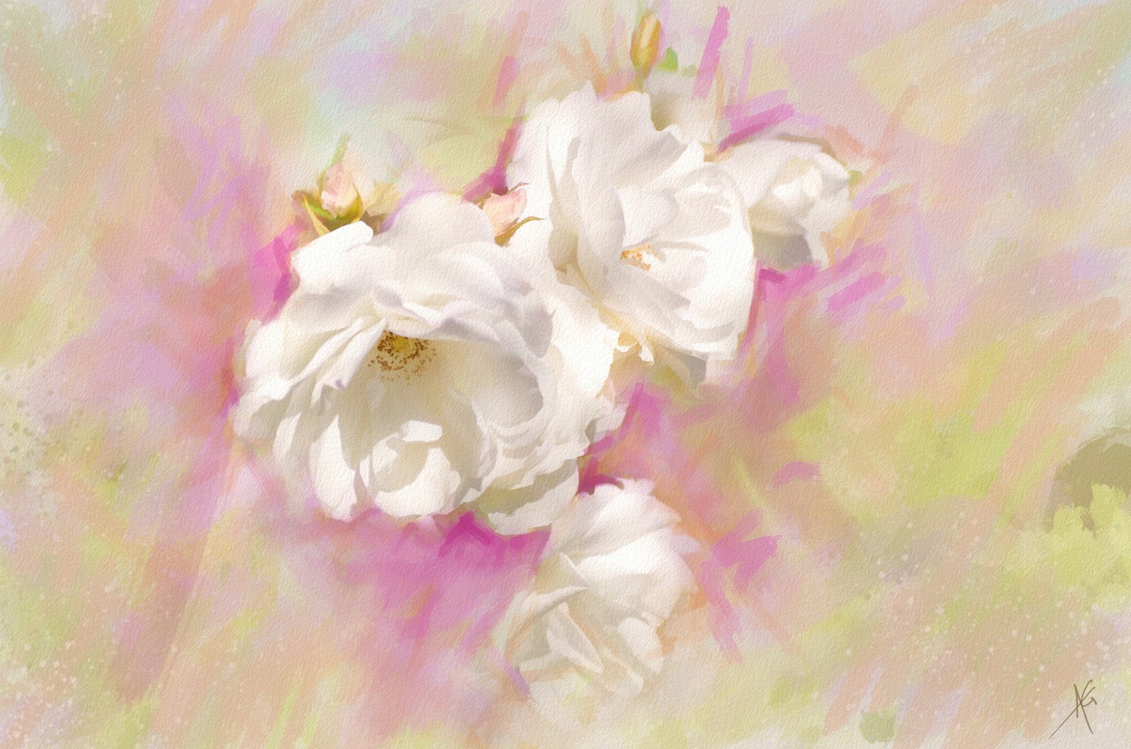 Pintura de un ramo de rosas blancas sobre un fondo rosa y verde (pintura en acuarela, arte, pintor, dibujo, pintura)