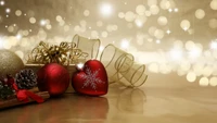 Elegant Christmas Still Life with Ornaments and Warm Bokeh Lights