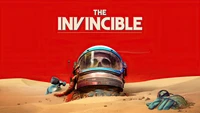 Un squelette astronaute partiellement enterré dans le sable sur un fond rouge frappant, incarnant le thème de "L'Invincible".