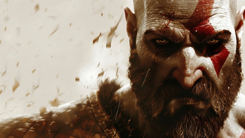 Крупный план мужчины с бородой и красным лицом (kratos, призрак спарты, god of war, игры, обои 4k)