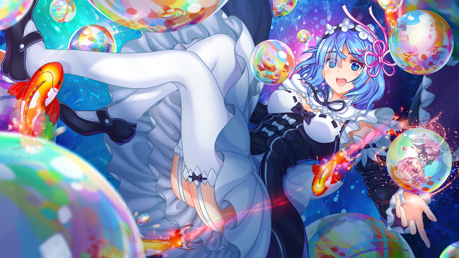 Menina anime com cabelo azul e vestido branco cercada por bolhas (rem, re zero, anime, rezero começando a vida em outro mundo, re zero starting life in another world)