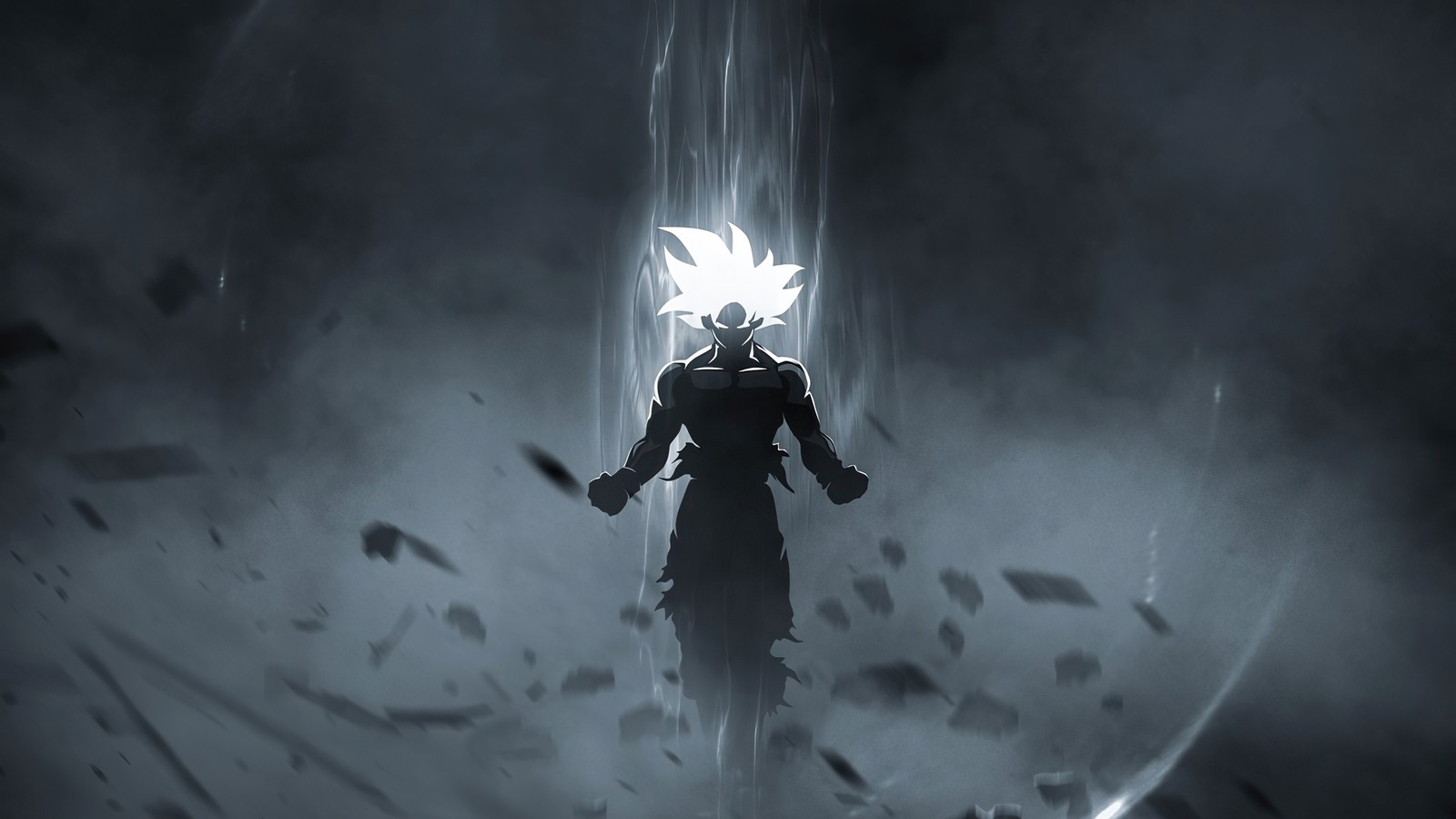 A close up of a person standing in a dark room with a light shining (goku, vegeta, dragon ball, cartoon, art)