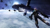 Эпическая космическая битва: персонаж из Dead Space 2 сражается с обезглавленным кораблем на потрясающем космическом пейзаже