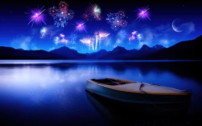 Célébrations du Nouvel An au-dessus d'un lac serein avec des feux d'artifice et un croissant de lune