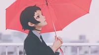 Anime Girl with Short Hair Holding a Red Umbrella