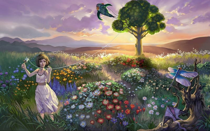 Pintura de una mujer en un campo con un pájaro y un árbol. (pintura, primavera, pradera, flor silvestre, niño)