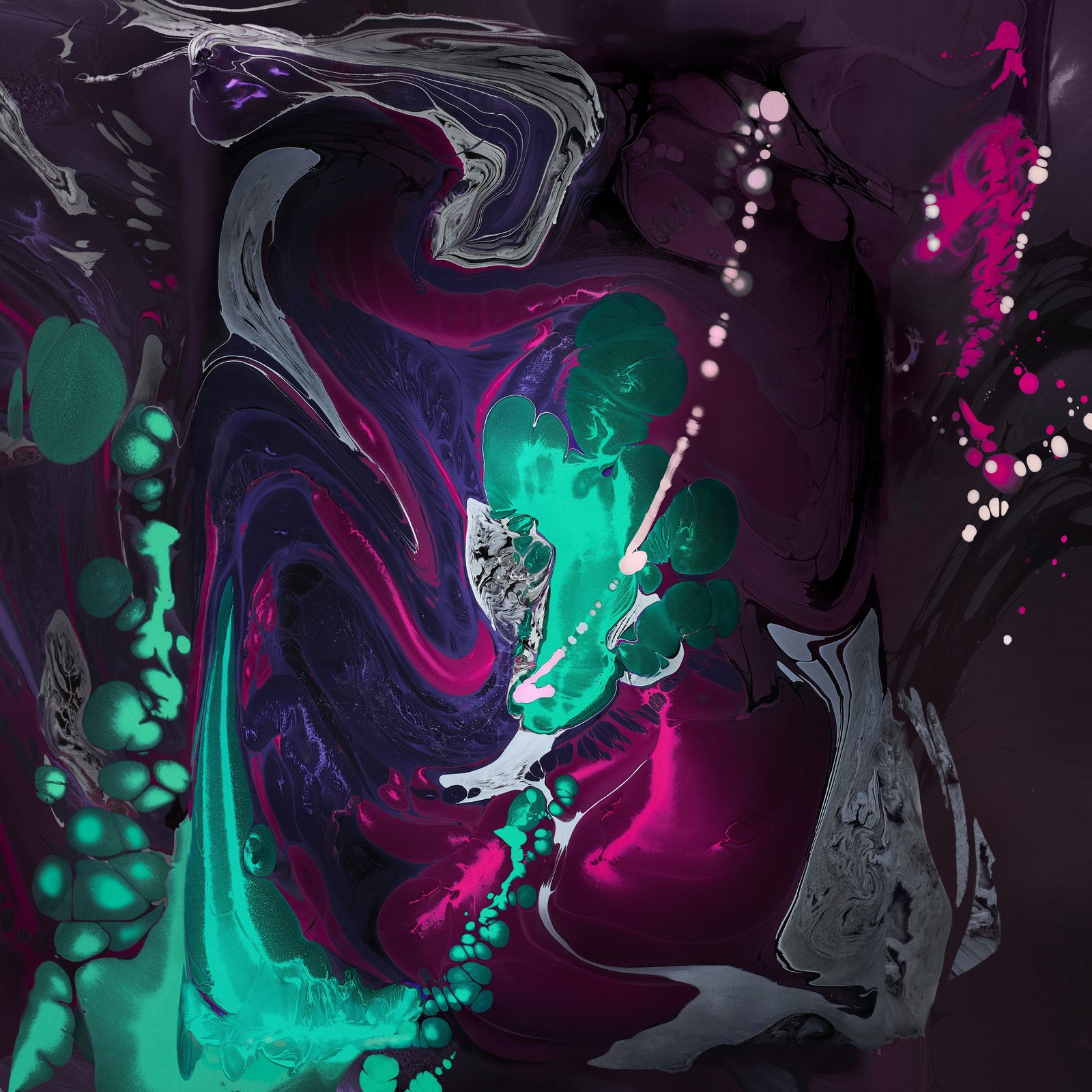 Abstract painting of a woman with a green and purple dress (ipad, apples, macbook air, purple, liquid)