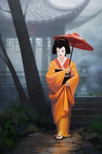 Geisha elegante em quimono com guarda-chuva