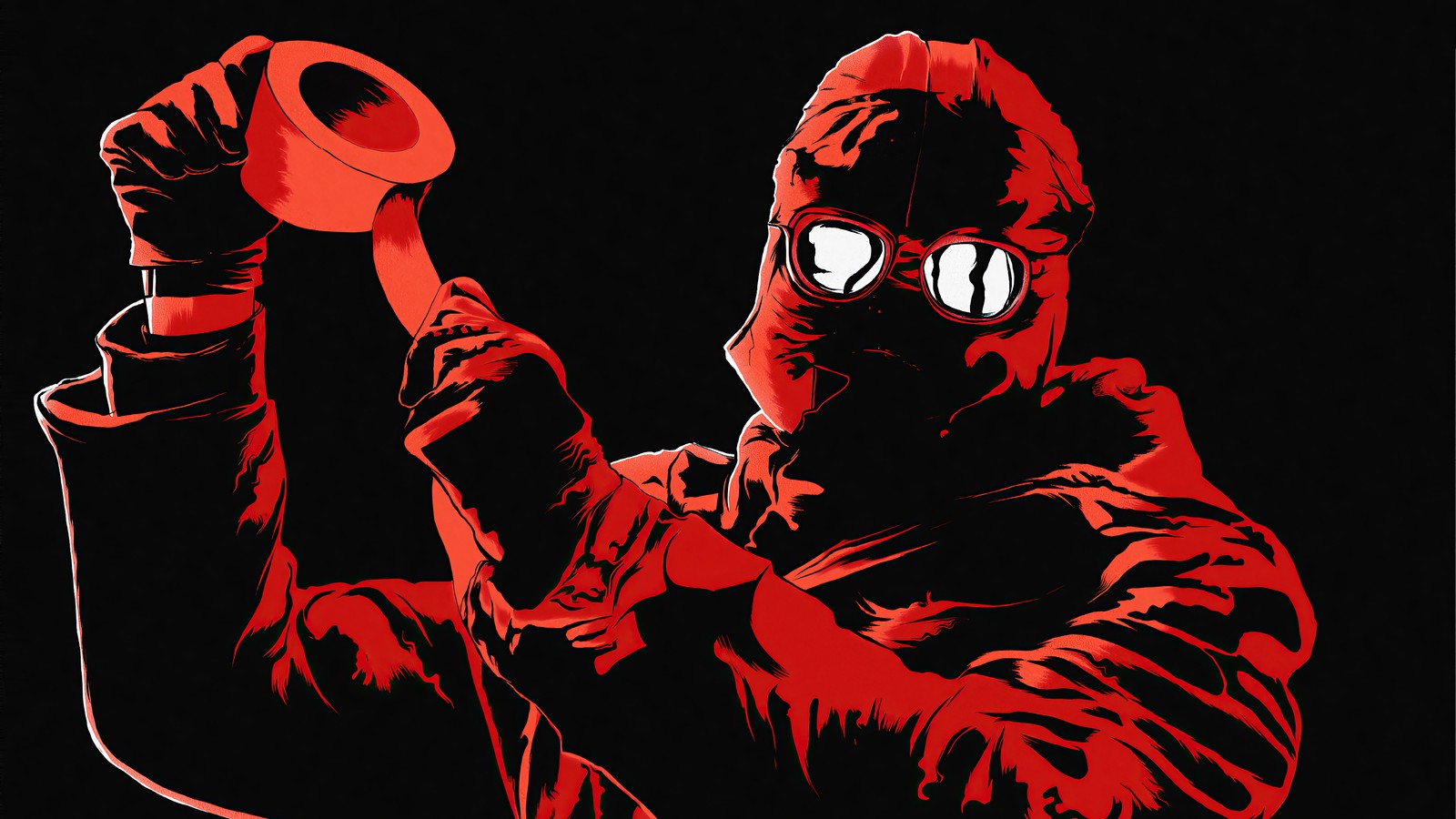 There is a man in a gas mask holding a red object (riddler, the batman 2022, movie, superheroes, superhero)