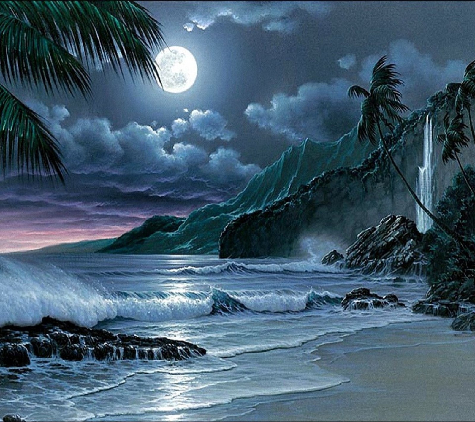 Peinture d'une scène de plage tropicale avec une cascade et des palmiers (beau, hd, lune, nuit)