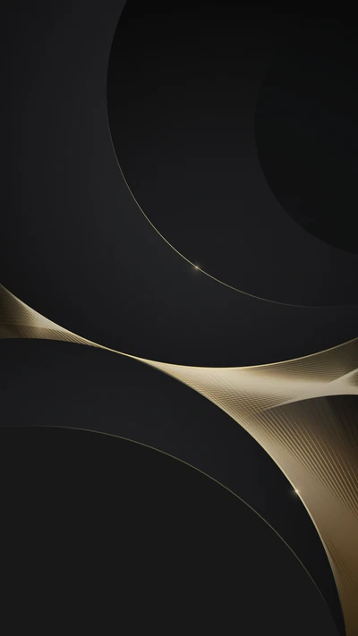 Design abstrato elegante em preto e dourado com curvas fluídas e sutis reflexos de luz.