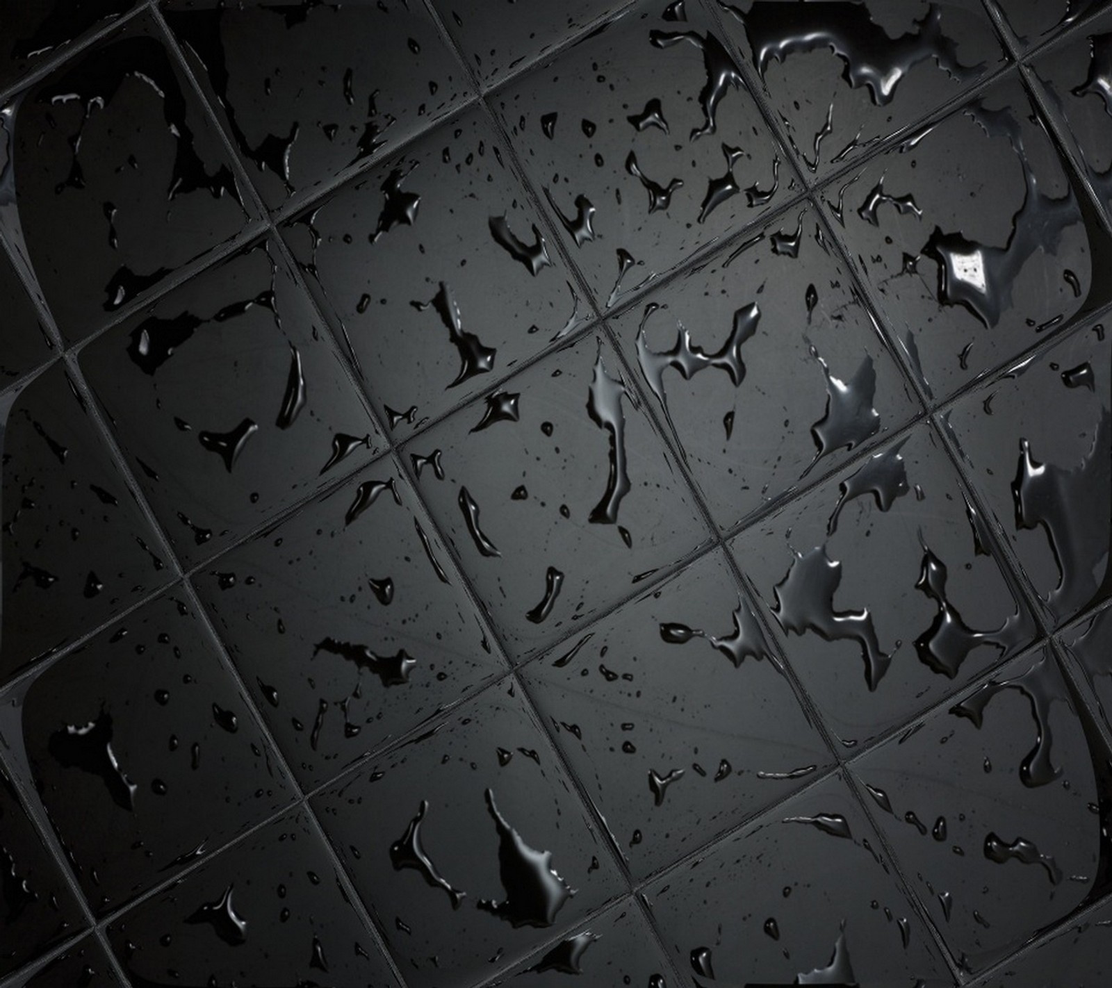 A close up of a tiled floor with water droplets on it (black, drops, tiles)