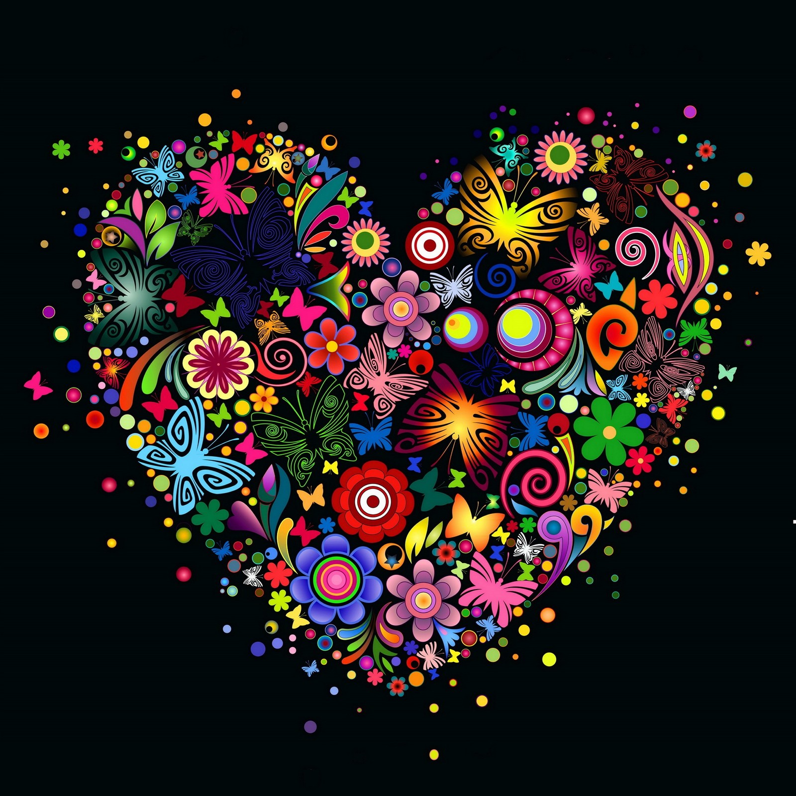 A close up of a heart shaped arrangement of flowers and butterflies (abstract, art, colorful, design, floral)