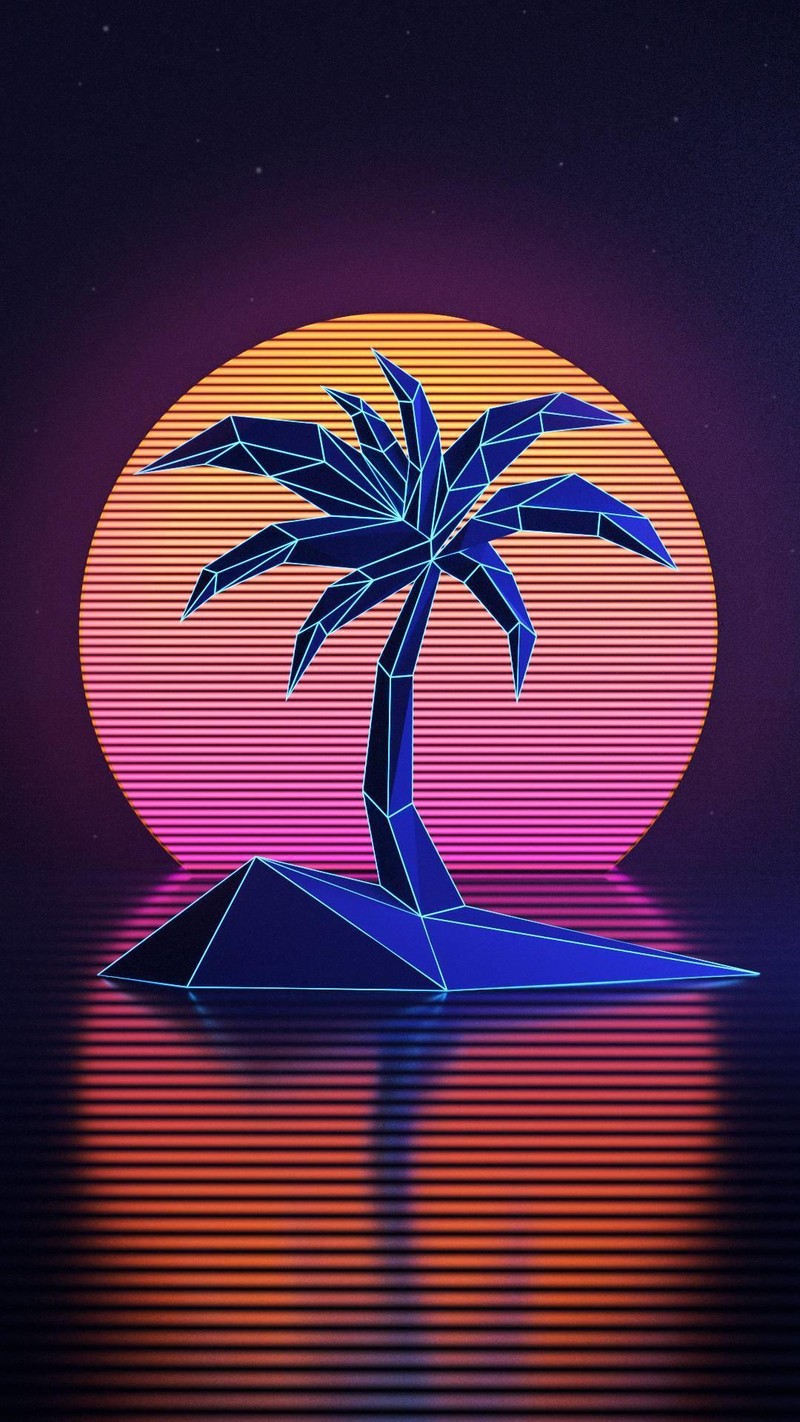 Изображение пальмы на маленьком острове посреди океана (пальма, ретро, synthwave, synthwave palm)