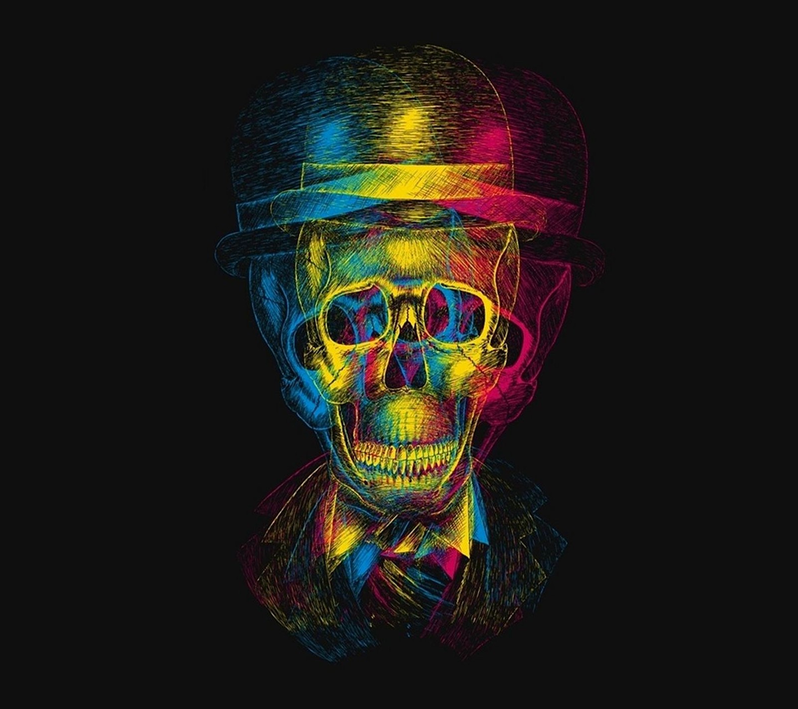 A brightly colored drawing of a skull wearing a hat and tie (blue, colorful, colors, pink, skull)