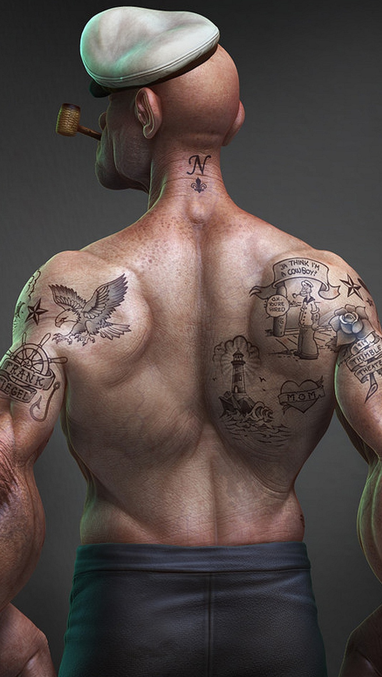 There is a man with tattoos on his back and a hat on (popeye, the sailor)