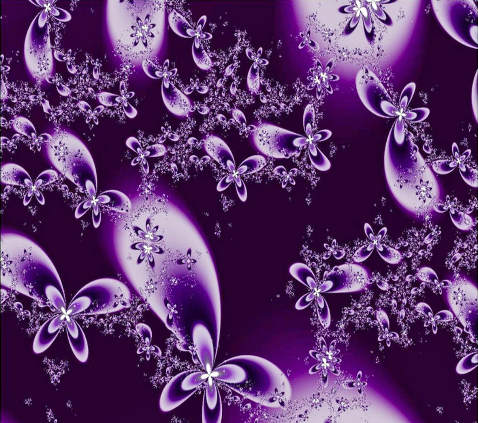 Flores moradas y blancas y mariposas sobre un fondo morado (púrpura, fondo de pantalla)