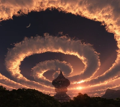 Nuages en spirale fantaisistes au-dessus d'une tour futuriste au crépuscule